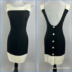 Datiani Vintage 90s Black and White Scoop Back Button Back LBD Mini Dress Size 4